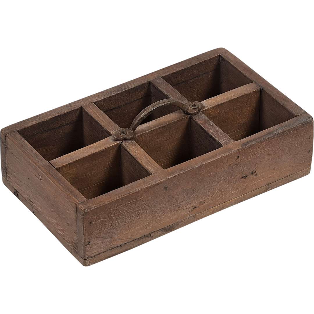 Set of 2 wooden boxes with handle and 6 sections